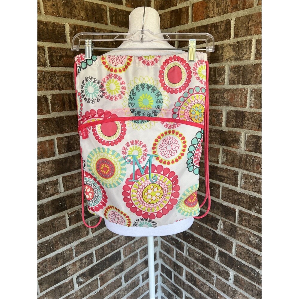 Thirty One Citrus Medallion Cinch Sacs Vibrant Pink Aqua Monogrammed “M”
